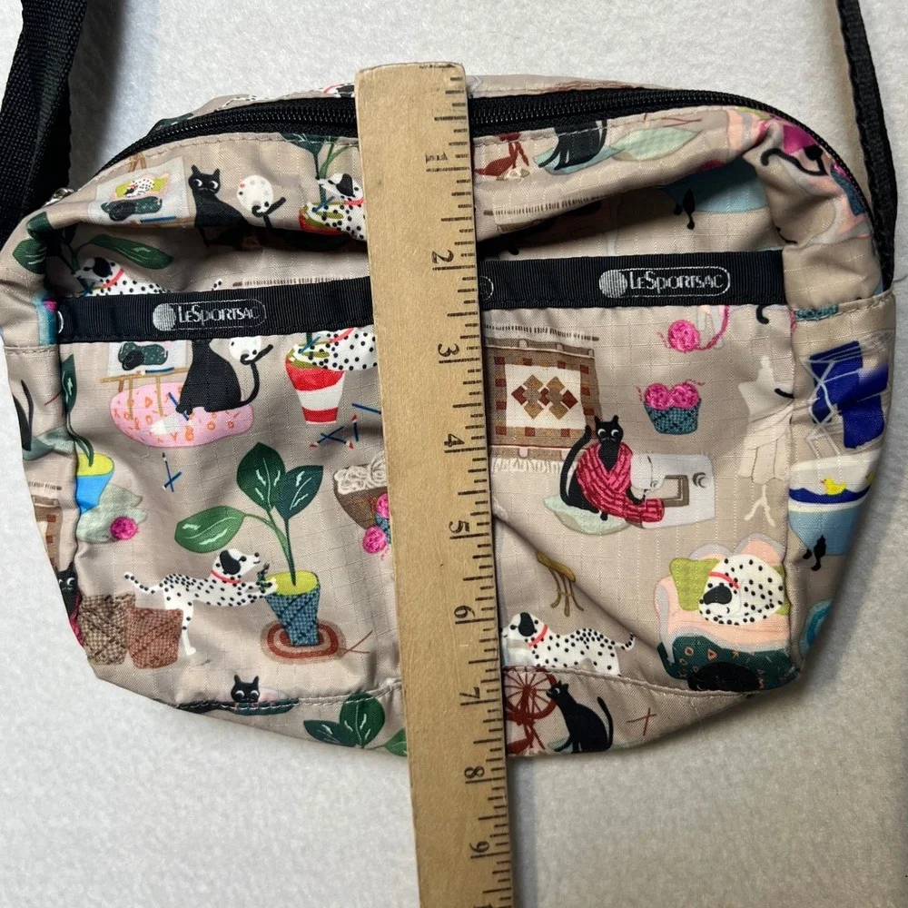 LeSportsac Womens Crossbody Bag Cat Dog Novelty Print Small Tan Nylon Messenger